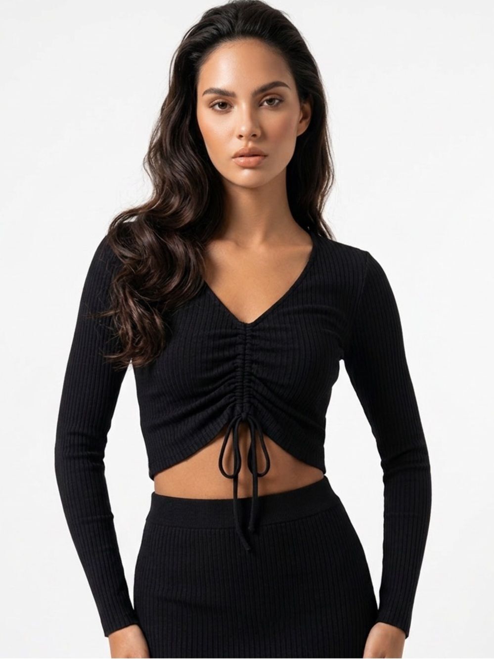 REFORMATION | Black Ribbed Long Sleeve Cinch Front V-Neck Top Women’s Size XS